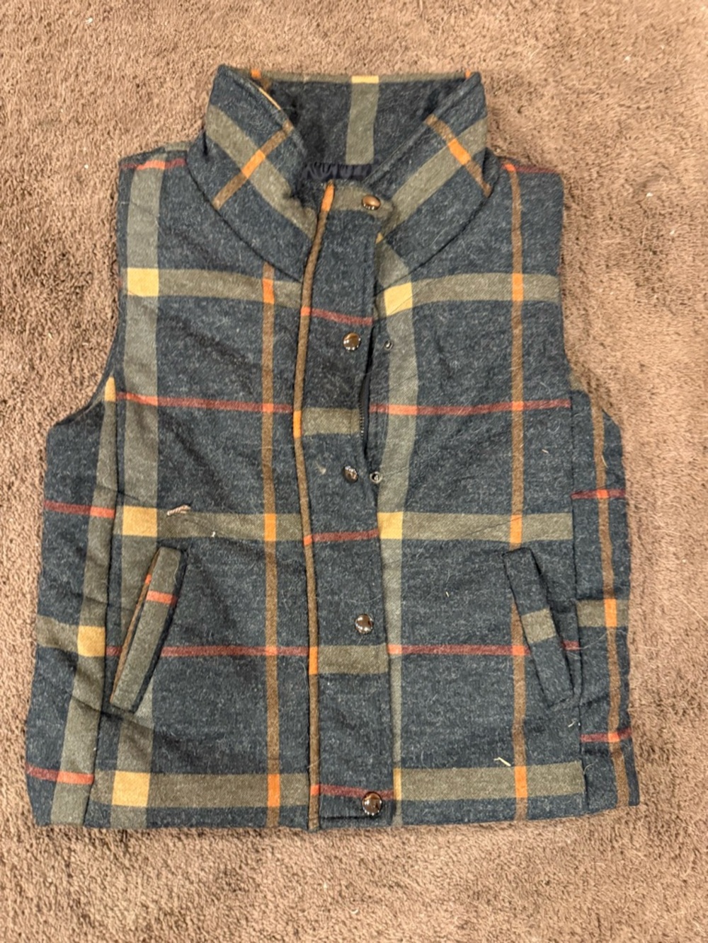 Vanilla Bay Gray Plaid Quilted Vest with Yellow and Orange Trim